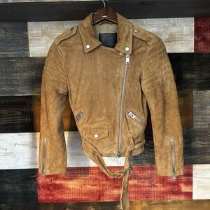 Allsaints Hitchen Suede Goat Leather Biker Jacket Tan Belted Beige Size 0